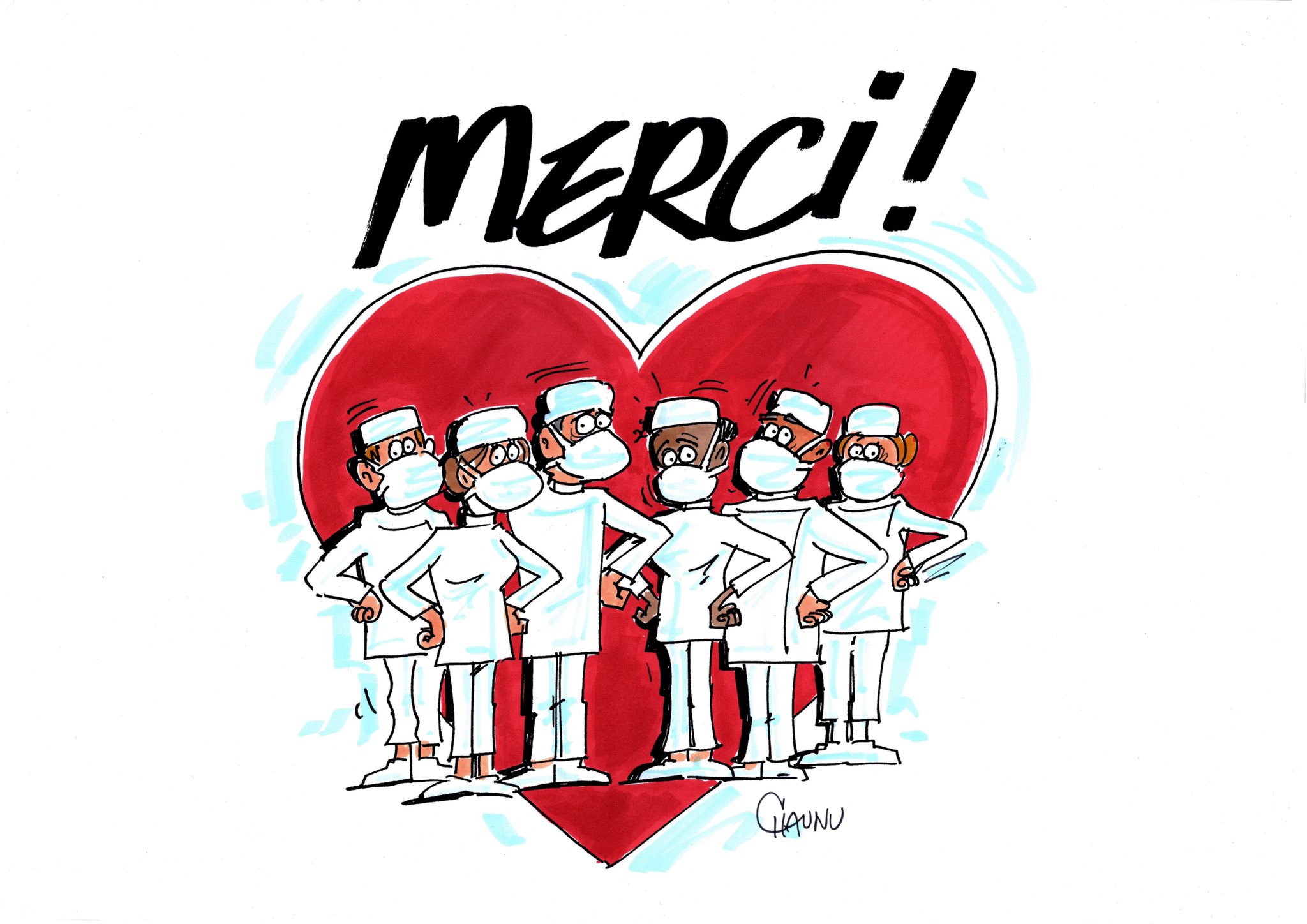 Groupe de soignants portant un masque avec un grand coeur derrière eux